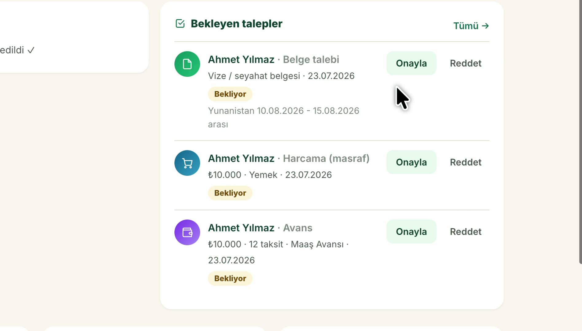 Defterly İK yönetici onayları demosu