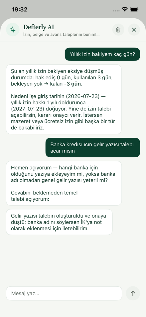 Defterly AI ile izin bakiyesi sorgulama ve gelir yazısı talebi oluşturma