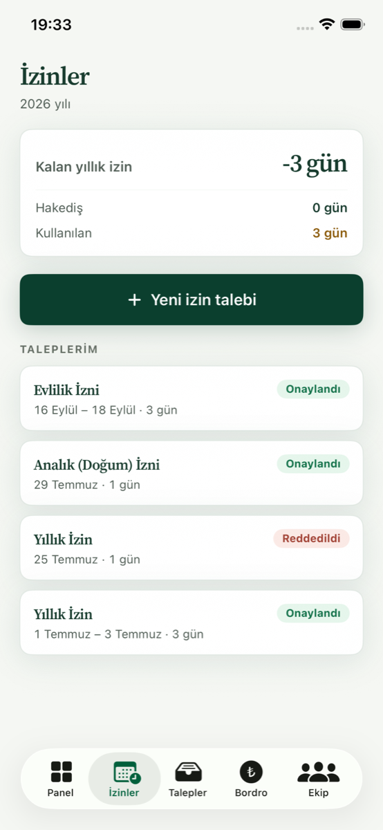 Defterly İK izinler ekranı: izin bakiyesi ve taleplerin onay durumları